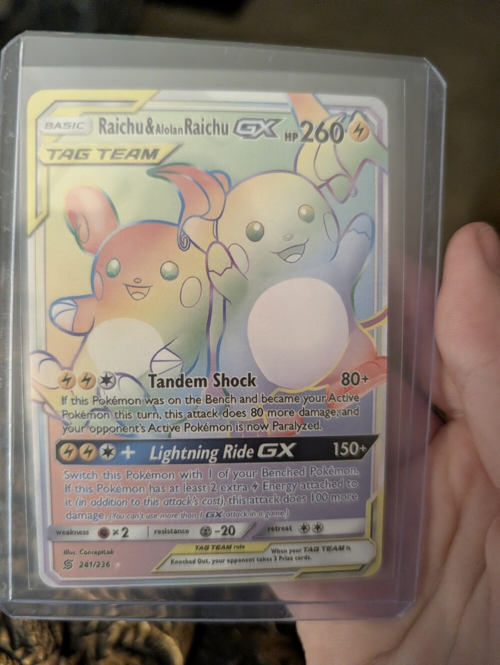 Raichu & Alolan Raichu GX Tag Team Holo Card #241/236 - Rainbow Variant